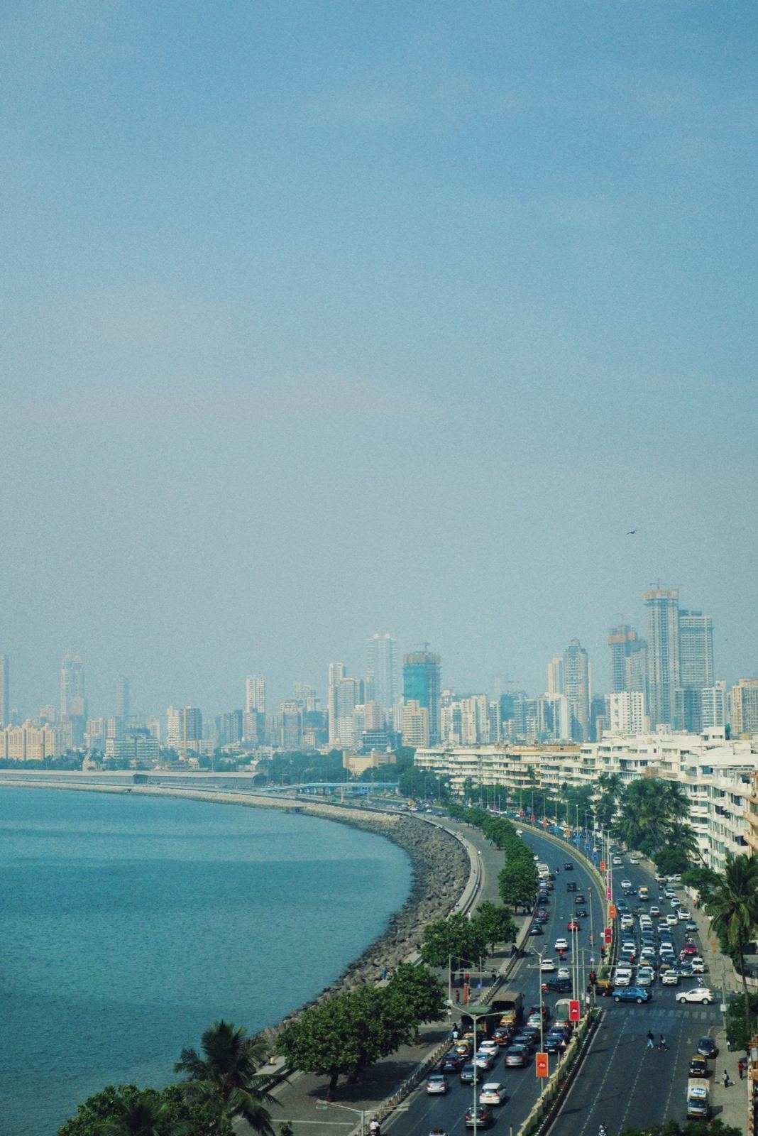 Aerial view of Marine Drive and the Mumbai skyline